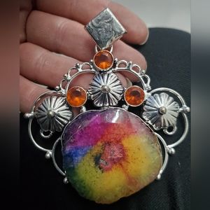New Huge Rainbow Solar Quartz Agate 925 Silver Pendant.